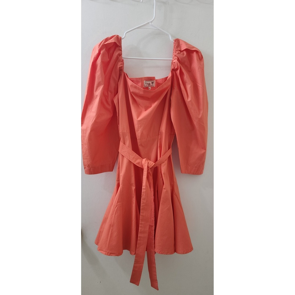 Mille Resort & Travel Coral Orange Puff Sleeve Belted Mini Dress Size Medium
